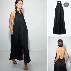 ❗️SOLD❗️ZARA OVERSIZE 100% LINEN BLACK HALTER DRESS SZ M SS25 ZW COLLECTION